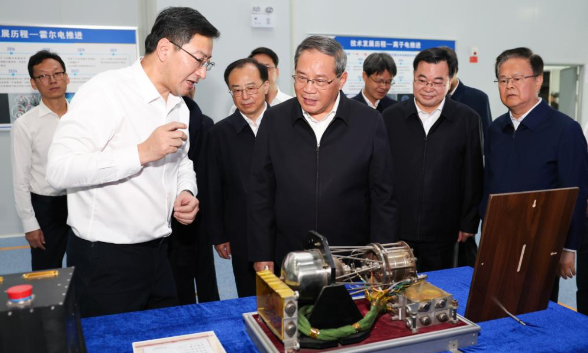 Chinese Premier Li Qiang, also a member of the Standing Committee of the Political Bureau of the Communist Party of China Central Committee, inspects a high-tech company and an industrial park in Lanzhou, northwest China's Gansu Province, Sept. 15, 2025. Li made an inspection tour of northwest China's Gansu and Qinghai provinces from Monday to Tuesday. (Xinhua/Huang Jingwen)