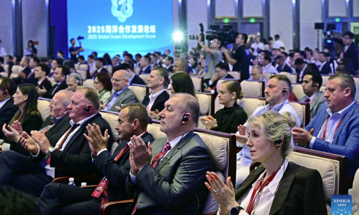 Participants attend the opening ceremony of the 2025 Global Ocean Development Forum in Qingdao, east China's Shandong Province, Sept. 8, 2025. Themed Let's Sea Our Futures--Developing a Sustainable Marine Economy for a Thriving Ocean, the 2025 Global Ocean Development Forum kicked off here on Monday. (Xinhua/Li Ziheng)