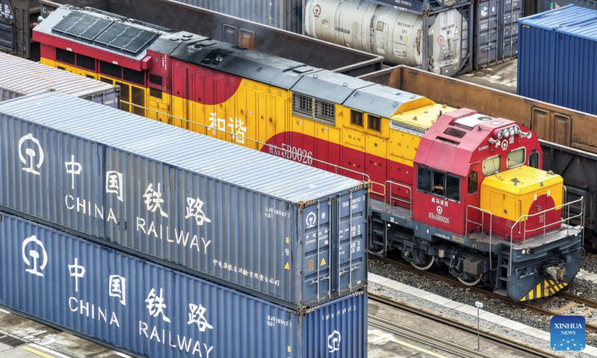 A drone photo taken on Sept. 8, 2025 shows a China-Europe freight train waiting to depart from the Tuanjiecun Station in southwest China's Chongqing. From January to July this year, the China-Europe freight train from southwest China's Chengdu and Chongqing has made over 3,400 trips, transporting more than 280,000 twenty-foot equivalent units (TEUs) of import and export goods. (Xinhua/Tang Yi)