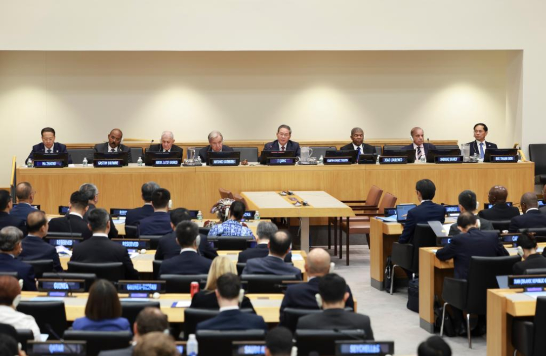 Chinese Premier Li Qiang addresses a high-level meeting on the Global Development Initiative held by China at the UN headquarters in New York, Sept. 23, 2025. (Xinhua/Ding Haitao)
