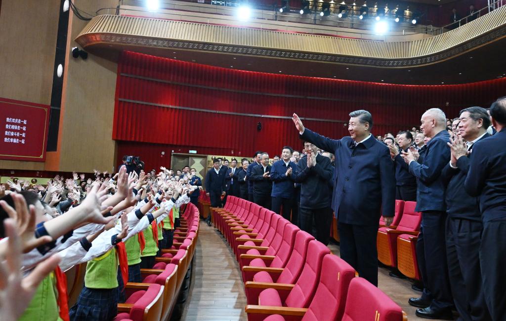 Chinese President Xi Jinping, also general secretary of the Communist Party of China Central Committee and chairman of the Central Military Commission, waves to people while attending a gala marking the 70th founding anniversary of Xinjiang Uygur Autonomous Region in Urumqi, the regional capital, on Sept. 24, 2025. Xi joined people of all ethnic groups in Xinjiang to watch the gala entitled Beautiful Xinjiang. (Xinhua/Xie Huanchi)