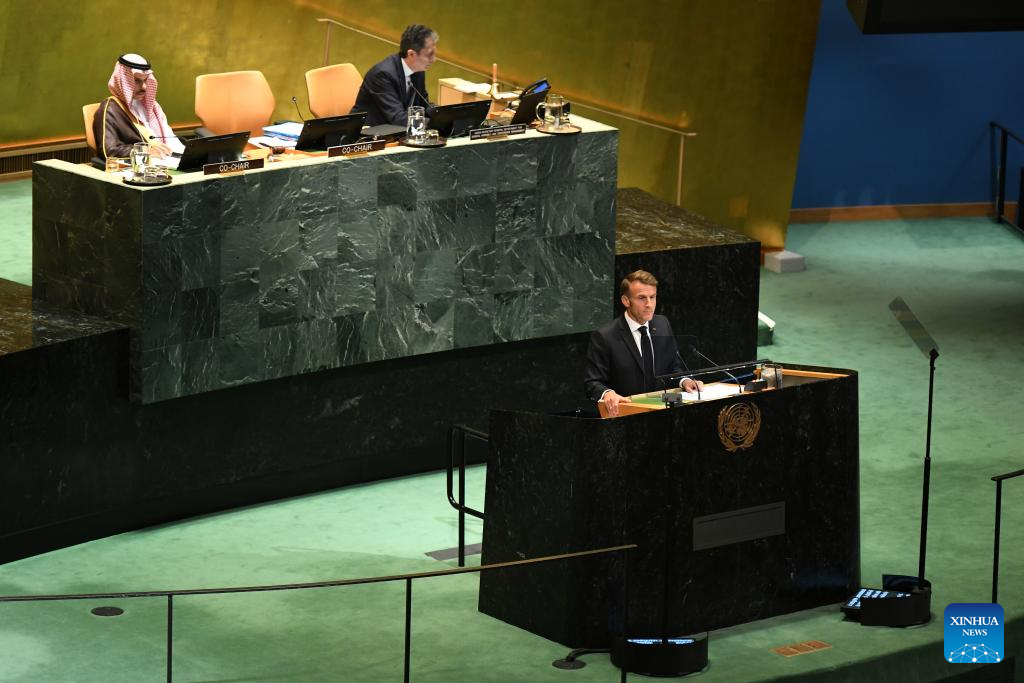 French President Emmanuel Macron speaks during the High-Level International Conference for the Peaceful Settlement of the Question of Palestine and the Implementation of the Two-State Solution at the UN headquarters in New York, Sept. 22, 2025. French President Emmanuel Macron said Monday at a UN meeting on the two-state solution that his country recognizes the State of Palestine, joining most of the other UN member states that have already done so. (Xinhua/Li Rui)