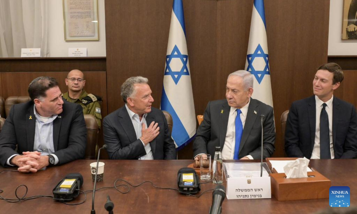 Israeli Prime Minister Benjamin Netanyahu (2nd R), U.S. Special Envoy to the Middle East Steve Witkoff (3rd R) and U.S. President Donald Trump's son-in-law Jared Kushner (1st R) attend a government meeting in Jerusalem on Oct. 9, 2025.

The Israeli government on early Friday approved a ceasefire deal with Hamas to end the war in Gaza and secure the release of all remaining hostages. (Ma'ayan Toaf/GPO/Handout via Xinhua)