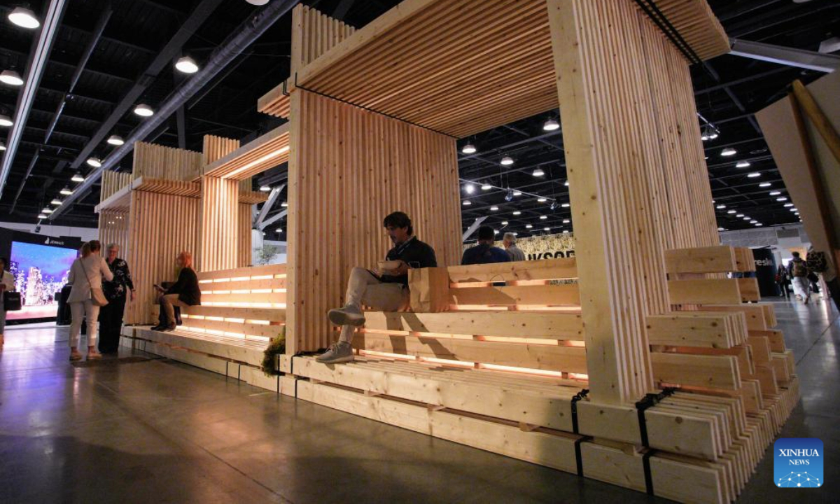 A set of wooden structure designs is on display during the Interior Design Show in Vancouver, British Columbia, Canada, Sept. 26, 2025. The annual show is held here from Sept. 25 to 28. (Photo by Liang Sen/Xinhua)