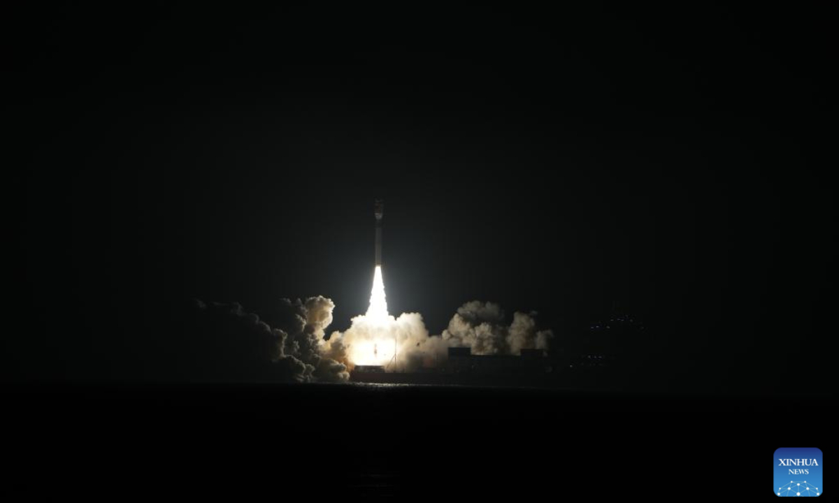 A Smart Dragon-3 rocket carrying the Geely-05 constellation satellites blasts off from the sea near the city of Rizhao, east China's Shandong Province, Sept. 9, 2025. The satellites were launched at 3:48 a.m. (Beijing Time) and they entered the planned orbits. The Taiyuan Satellite Launch Center conducted the offshore launch mission. (Photo by Guo Jinqi/Xinhua)