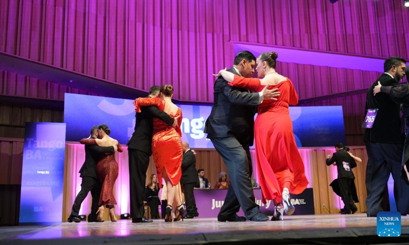 Dancers perform during a competition of the Tango Festival in Buenos Aires, Argentina, Aug. 24, 2025. (Xinhua)