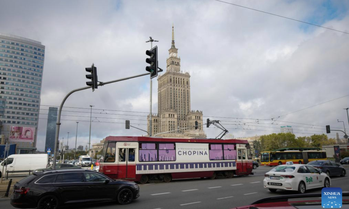 A Chopin Tram passes through downtown Warsaw, Poland, Oct. 9, 2025. The Chopin Tram is a public cultural initiative launched in Warsaw during the International Fryderyk Chopin Piano Competition. Passengers can enjoy live performances of Chopin's music during the ride, turning the city's tram into a moving concert hall.
The 19th International Fryderyk Chopin Piano Competition is currently underway in Warsaw and will run until Oct. 23. (Photo by Jaap Arriens/Xinhua)