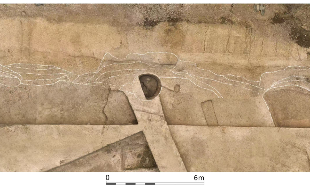 An undated file photo shows part of walls and gutters from the Majiabang Culture of the Neolithic Age unearthed at the Doushan city site. (Jiangsu provincial institute of cultural relics and archaeology/Handout via Xinhua)