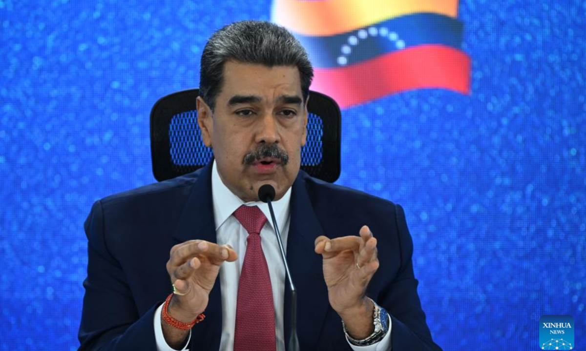 Venezuelan President Nicolas Maduro addresses a press conference in Caracas, Venezuela, Sept. 15, 2025. Maduro said Monday that channels of communication between the United States and Venezuela have been severed by Washington amid persistent aggression. (Presidency of Venezuela/Handout via Xinhua)