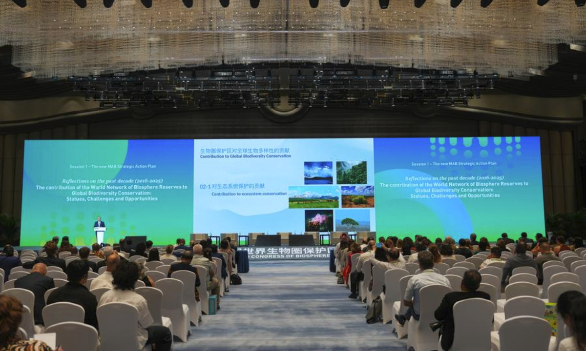 Ouyang Zhiyun, a researcher at the Research Center for Eco-Environmental Sciences under the Chinese Academy of Sciences, speaks during the 5th World Congress of Biosphere Reserves in Hangzhou, east China's Zhejiang Province, Sept. 22, 2025. The 5th World Congress of Biosphere Reserves kicked off here on Monday and will last till Sept. 25. (Xinhua/Huang Zongzhi)