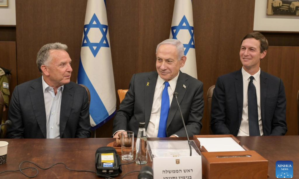 Israeli Prime Minister Benjamin Netanyahu (C), U.S. Special Envoy to the Middle East Steve Witkoff (L) and U.S. President Donald Trump's son-in-law Jared Kushner attend a government meeting in Jerusalem on Oct. 9, 2025.

The Israeli government on early Friday approved a ceasefire deal with Hamas to end the war in Gaza and secure the release of all remaining hostages. (Ma'ayan Toaf/GPO/Handout via Xinhua)