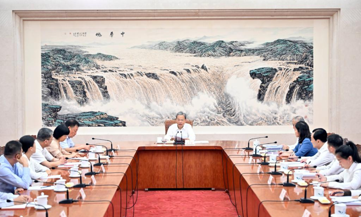 Zhao Leji, a member of the Standing Committee of the Political Bureau of the Communist Party of China Central Committee and chairman of the National People's Congress (NPC) Standing Committee, speaks during a meeting with NPC deputies sitting in on the ongoing session of the NPC Standing Committee on Sept. 9, 2025. (Xinhua/Yin Bogu)