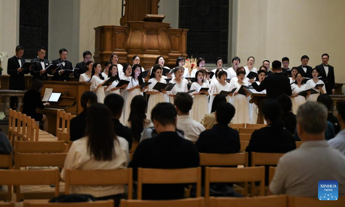 The Voices of Peace concert by choirs from China is staged in Morges, Switzerland, Sept. 17, 2025. The concert enchanted an audience including guests from Switzerland, France, Italy, as well as members of the local Chinese community. (Xinhua/Lian Yi)