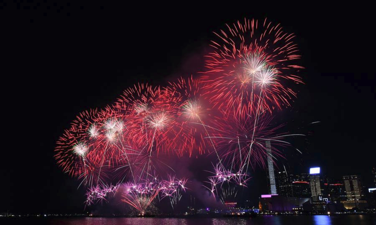 Fireworks celebrating the 76th anniversary of the founding of the People's Republic of China illuminate the sky over Victoria Harbour in Hong Kong, south China, Oct. 1, 2025. (Xinhua/Chen Duo)