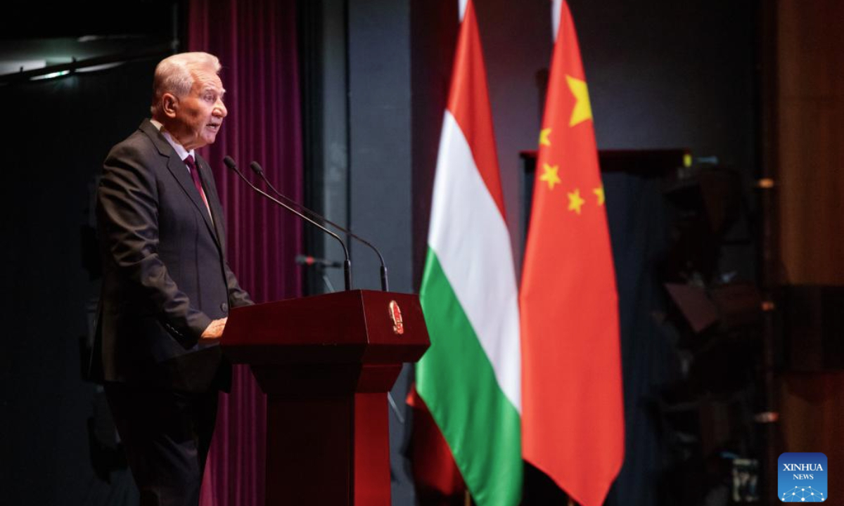 Deputy Speaker of the Hungarian National Assembly Istvan Jakab speaks during a reception to mark the 76th anniversary of the founding of the People's Republic of China and the 76th anniversary of diplomatic ties between China and Hungary in Budapest, Hungary, Sept. 16, 2025. (Photo by Attila Volgyi/Xinhua)
