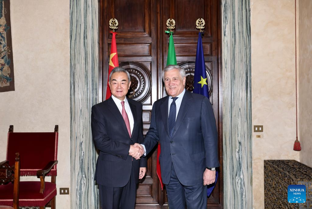Chinese Foreign Minister Wang Yi, also a member of the Political Bureau of the Communist Party of China Central Committee, shakes hands with Italy's Deputy Prime Minister and Minister of Foreign Affairs and International Cooperation Antonio Tajani before attending the 12th Joint Meeting of the China-Italy Government Committee in Rome, Italy, Oct. 8, 2025. (Xinhua/Li Jing)