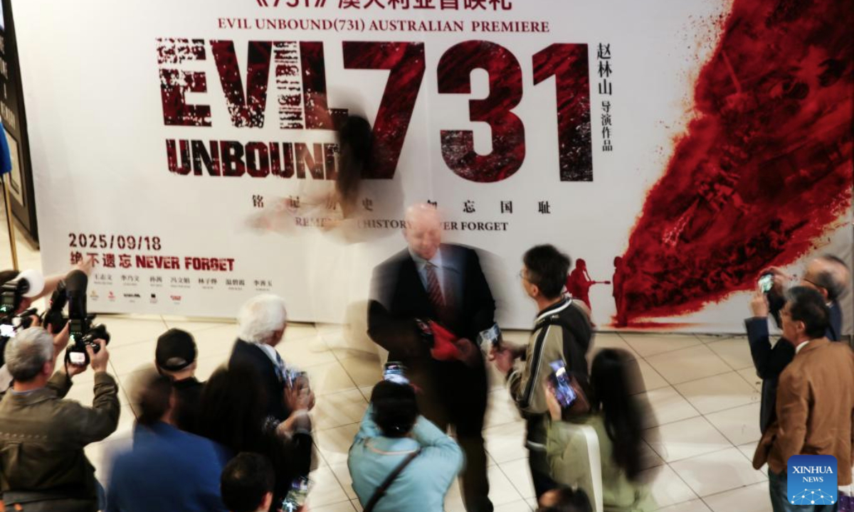 Spectators attend the Australian premiere of the film Evil Unbound at a cinema in Sydney, Australia, Sept. 18, 2025. Evil Unbound, a film depicting the atrocities of Japan's notorious Unit 731 clandestinely operated by the Japanese Imperial Army during World War II, was officially released in Australia on Thursday.

The release day of the film coincided with the 94th anniversary of the September 18 Incident that marked the start of the Chinese People's War of Resistance against Japanese Aggression. This year also marks the 80th anniversary of the victory in China's war of resistance and the World Anti-Fascist War. (Xinhua/Ma Ping)