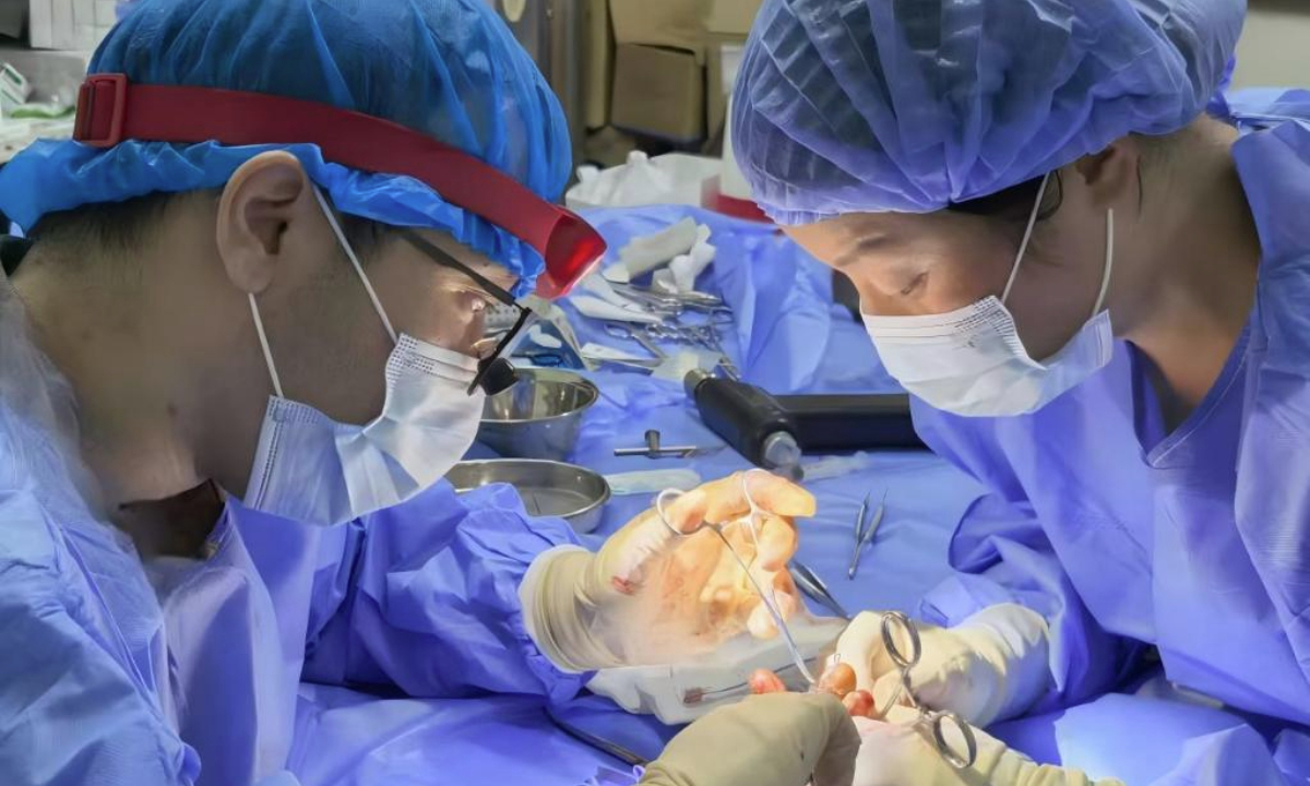 Members of the 26th batch of the Chinese medical team in Sierra Leone perform the finger replantation surgery in Freetown, Sierra Leone, Oct. 3, 2025. (The 26th batch of the Chinese medical team in Sierra Leone/Handout via Xinhua)