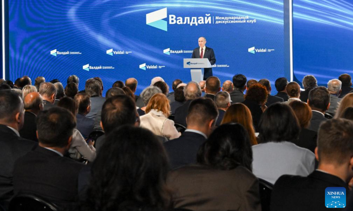 Russian President Vladimir Putin speaks at the 22nd annual meeting of the Valdai International Discussion Club in Sochi, Russia, on Oct. 2, 2025. (Xinhua/Hao Jianwei)