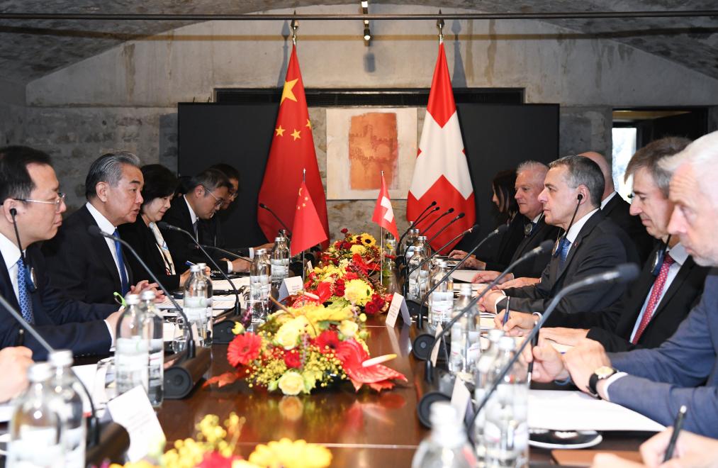 Chinese Foreign Minister Wang Yi, also a member of the Political Bureau of the Communist Party of China Central Committee, co-chairs the fourth round of China-Switzerland Foreign Ministers' Strategic Dialogue with Swiss Federal Councillor and Foreign Minister Ignazio Cassis in Bellinzona, Switzerland, Oct. 10, 2025. (Xinhua/Lian Yi)