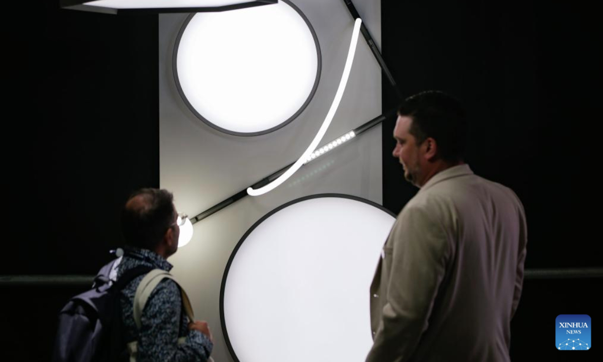 People view light designs during the Interior Design Show in Vancouver, British Columbia, Canada, Sept. 26, 2025. The annual show is held here from Sept. 25 to 28. (Photo by Liang Sen/Xinhua)