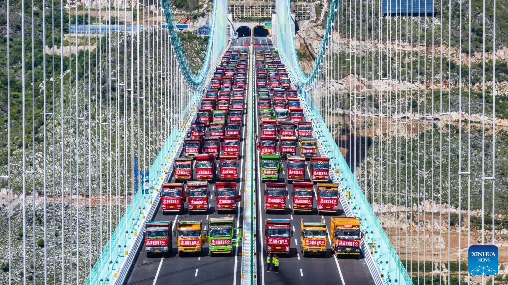 This aerial drone photo taken on Aug. 25, 2025 shows a load test on the Huajiang Grand Canyon Bridge in southwest China's Guizhou Province. (Xinhua/Tao Liang)