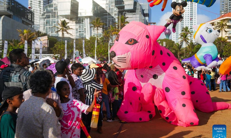 People view kites at the Colombo International Kite Festival in Colombo, Sri Lanka, Aug. 24, 2025. (Photo by Thilina Kaluthotage/Xinhua)