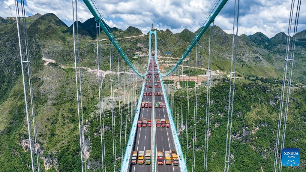 This aerial drone photo taken on Aug. 25, 2025 shows a load test on the Huajiang Grand Canyon Bridge in southwest China's Guizhou Province. (Xinhua/Tao Liang)