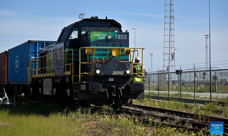 The first Zeebrugge-Mannheim direct block train departs from the CSP Zeebrugge Terminal in Belgium, Aug. 25, 2025. The Zeebrugge-Mannheim direct block train service made its inaugural operation at the CSP Zeebrugge Terminal in Belgium on Monday.