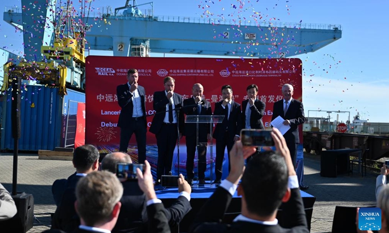 This photo taken on Aug. 25, 2025 shows the launching ceremony of the Zeebrugge-Mannheim direct block train service held at the CSP Zeebrugge Terminal in Belgium. The Zeebrugge-Mannheim direct block train service made its inaugural operation at the CSP Zeebrugge Terminal in Belgium on Monday.