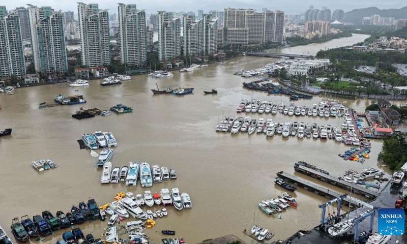 An aerial drone photo taken on Aug. 25, 2025 shows an international yacht marina as it restores operation in Sanya, south China's Hainan Province. Sanya, a popular tourist destination, wastes no time in getting back to normal after Kajiki, the 13th typhoon of this year, had ploughed through the city. (Xinhua/Zhao Yingquan)