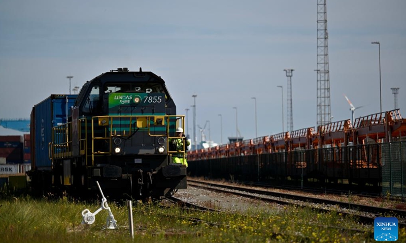The first Zeebrugge-Mannheim direct block train departs from the CSP Zeebrugge Terminal in Belgium, Aug. 25, 2025. The Zeebrugge-Mannheim direct block train service made its inaugural operation at the CSP Zeebrugge Terminal in Belgium on Monday.