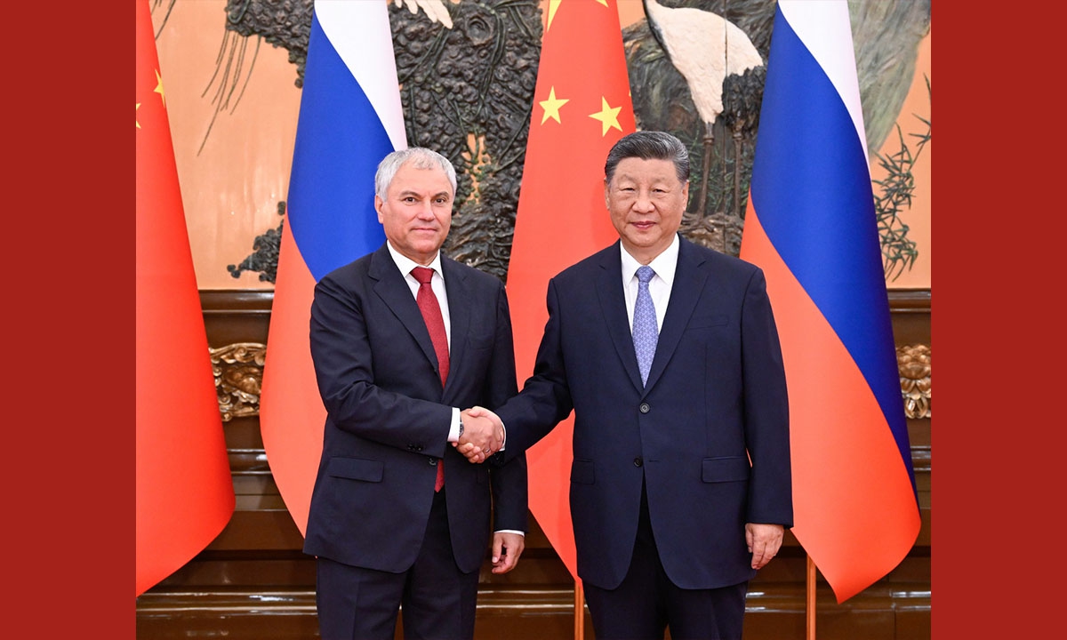 Chinese President Xi Jinping meets with Vyacheslav Volodin, chairman of the Russian parliament's lower house, the State Duma, at the Great Hall of the People in Beijing, China, on August 26, 2025. Photo: Xinhua