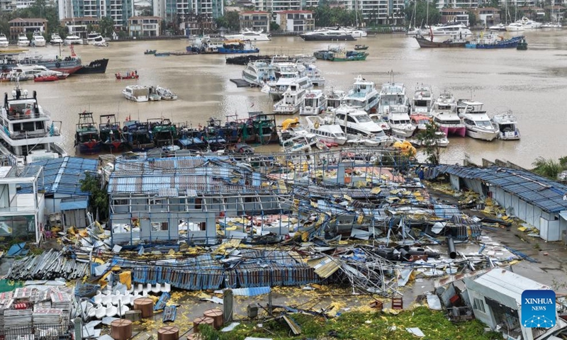 An aerial drone photo taken on Aug. 25, 2025 shows an international yacht marina as it restores operation in Sanya, south China's Hainan Province. Sanya, a popular tourist destination, wastes no time in getting back to normal after Kajiki, the 13th typhoon of this year, had ploughed through the city. (Xinhua/Zhao Yingquan)
