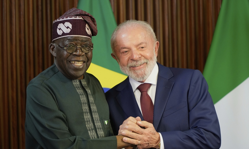 Nigeria's President Bola Tinubu, left, shakes hands with Brazil's President Luiz Inacio Lula da Silva during a bilateral meeting at Planalto presidential palace in Brasilia, Brazil, Monday, Aug. 25, 2025. Photo: CFP