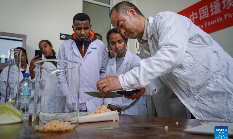 Chinese expert Zheng Aibao (1st R) gives instructions to students at Addis Ababa Institute of Technology in Addis Ababa, Ethiopia, on Aug. 20, 2025. (Xinhua/Han Xu)