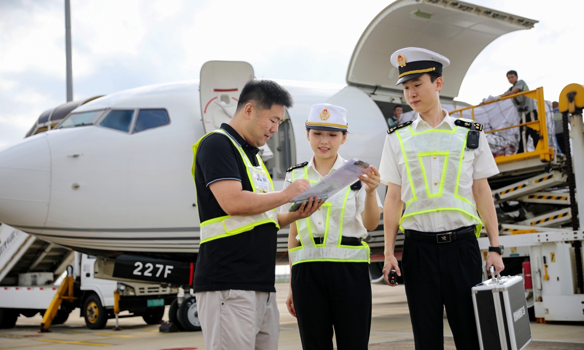 Customs officers clear the first cargo shipment through Zhuhai Airport's international cargo port in South China's Guangdong Province on August 27, 2025. Photo: VCG