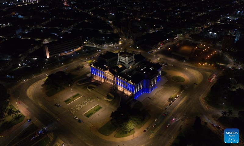An aerial drone photo taken on Aug. 25, 2025 shows the view of the Legislative Palace with illumination in Montevideo, Uruguay. Uruguay celebrated its 200th anniversary of the declaration of independence on Monday. (Photo by Nicolas Celaya/Xinhua)
