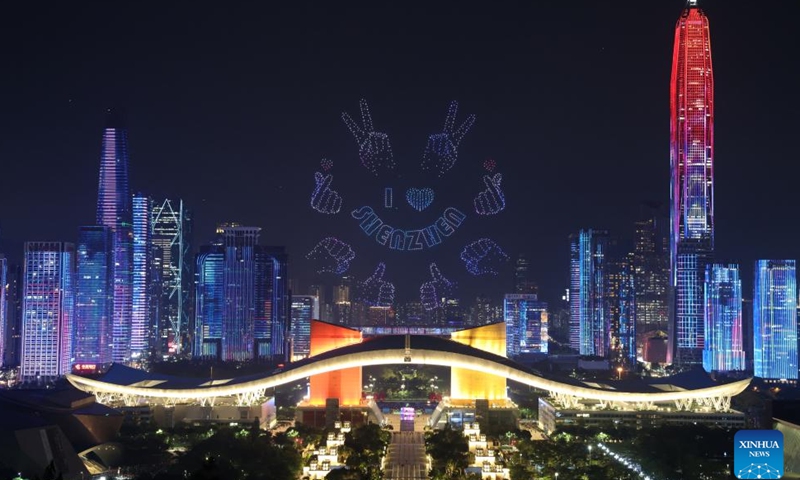 A drone light show is staged to mark the 45th anniversary of the special economic zone of Shenzhen in Shenzhen, south China's Guangdong Province, Aug. 26, 2025. (Xinhua/Liang Xu)