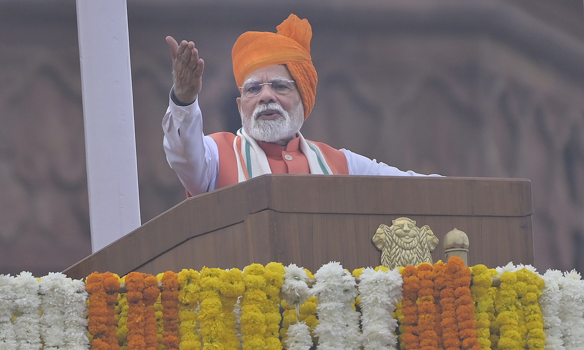 Indian Prime Minister Narendra Modi delivers a speech during a celebration of India's Independence Day in New Delhi, India, on August 15, 2025. Photo: VCG