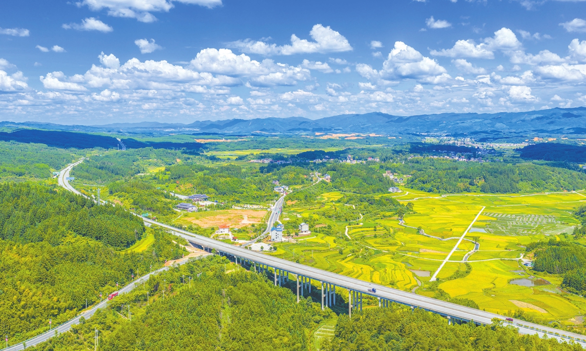 A winding rural road in Jinping county, Qiandongnan Miao and Dong Autonomous Prefecture, Southwest China's Guizhou Province, on August 26, 2025 Photo: VCG
