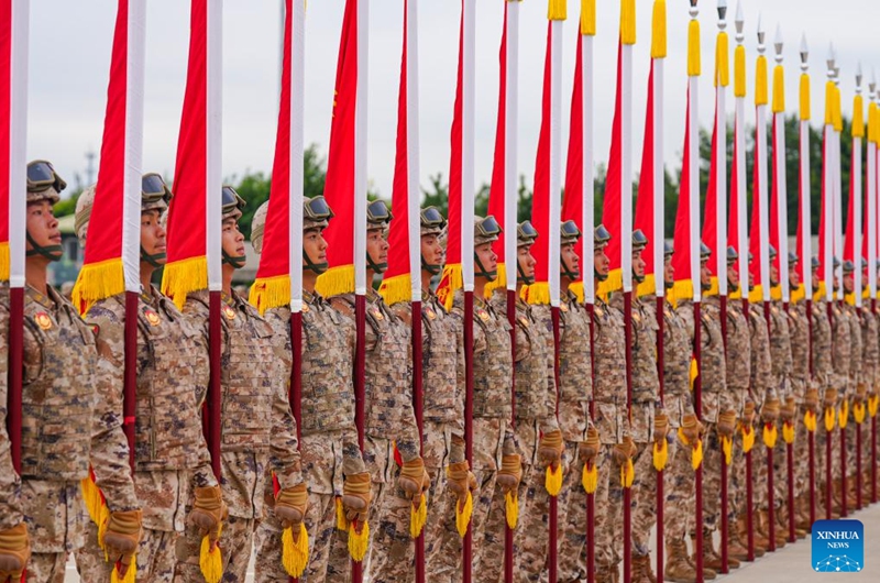 Participants take part in a training for the upcoming V-Day military parade in Beijing, capital of China, Aug. 14, 2025. Participants are busy preparing for the upcoming V-Day military parade scheduled on Sept. 3 in Tian'anmen Square to mark the 80th anniversary of the victory in the Chinese People's War of Resistance Against Japanese Aggression and the World Anti-Fascist War. (Photo by Wang Huanbin/Xinhua)