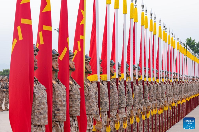 Participants take part in a training for the upcoming V-Day military parade in Beijing, capital of China, Aug. 14, 2025. Participants are busy preparing for the upcoming V-Day military parade scheduled on Sept. 3 in Tian'anmen Square to mark the 80th anniversary of the victory in the Chinese People's War of Resistance Against Japanese Aggression and the World Anti-Fascist War. (Photo by Wang Huanbin/Xinhua)