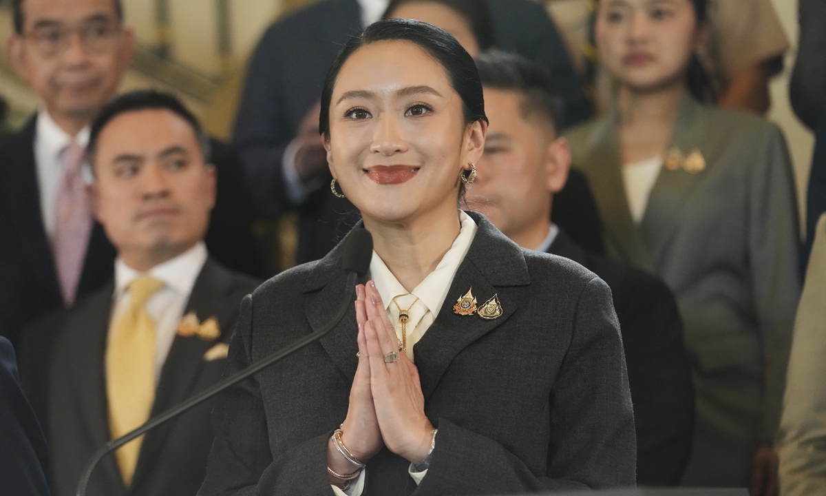 Thailand's suspended Prime Minister Paetongtarn Shinawatra attends a press conference after being dismissed from her position, in Bangkok, Thailand, Friday, August. 29, 2025. Photo: VCG