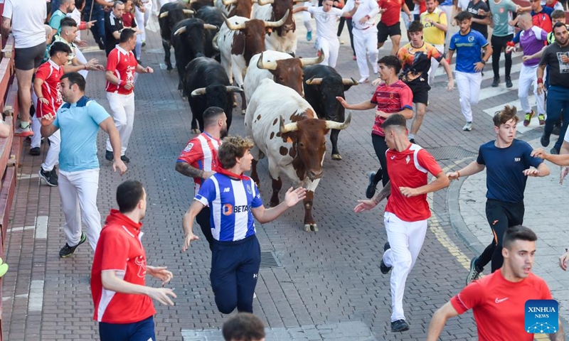 People attend the Bull Run on a street of San Sebastian de los Reyes, Spain, on Aug. 28, 2025. The annual Bull Run fiesta is held here in the last week of August. (Photo by Gustavo Valiente/Xinhua)