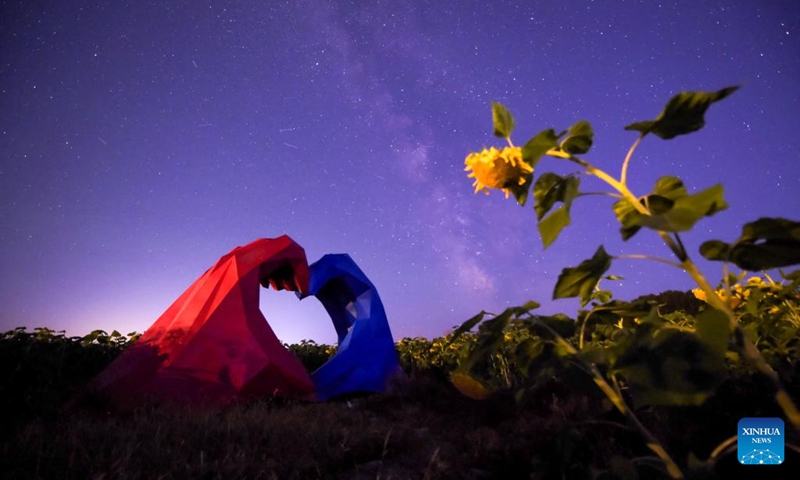 An art installation is pictured under the Milky Way in Qiqihar City, northeast China's Heilongjiang Province, on Aug. 26, 2025. Known as the Chinese version of the Valentine's Day, the Qixi Festival fell on Friday this year.  Photo: Xinhua