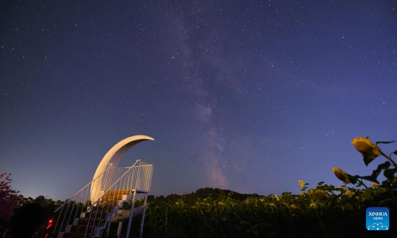 An art installation is pictured under the Milky Way in Qiqihar City, northeast China's Heilongjiang Province, on Aug. 26, 2025. Known as the Chinese version of the Valentine's Day, the Qixi Festival fell on Friday this year. Photo: Xinhua