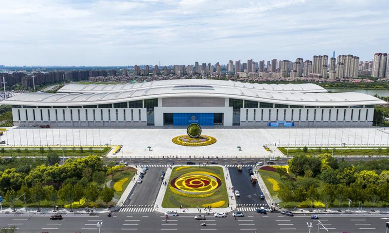 An aerial drone photo taken on Aug. 28, 2025 shows an exterior view of the main venue of the Shanghai Cooperation Organization (SCO) Summit 2025 in north China's Tianjin. (Photo: Xinhua)