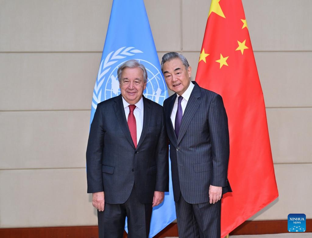 Chinese Foreign Minister Wang Yi, also a member of the Political Bureau of the Communist Party of China Central Committee, meets with United Nations (UN) Secretary-General Antonio Guterres in Tianjin, north China, Aug. 30, 2025. Guterres is here to attend the Shanghai Cooperation Organization (SCO) Summit 2025. (Photo: Xinhua)