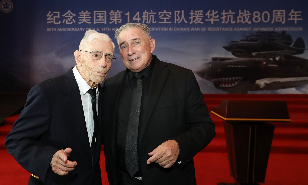 Flying Tigers veteran Harry Moyer (left), aged 102, and Jeffrey Greene, chairman of the Sino-American Aviation Heritage Foundation, attend an event commemorating the 80th anniversary of the US 14th Air Force's participation in China's war of resistance against Japanese aggression in Beijing on October 30, 2023. Photo: VCG